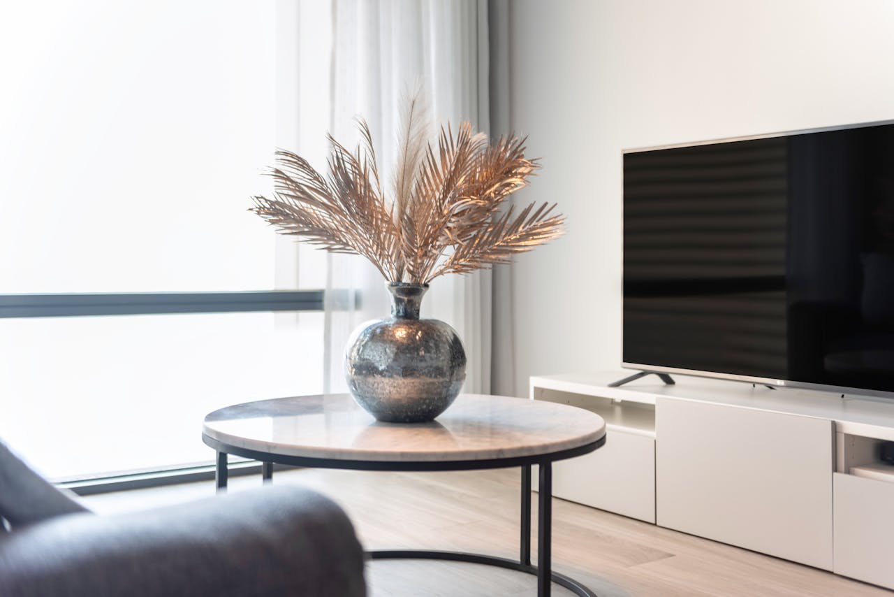 Stylish living room featuring a TV, table, and a vase with decorative leaves.
